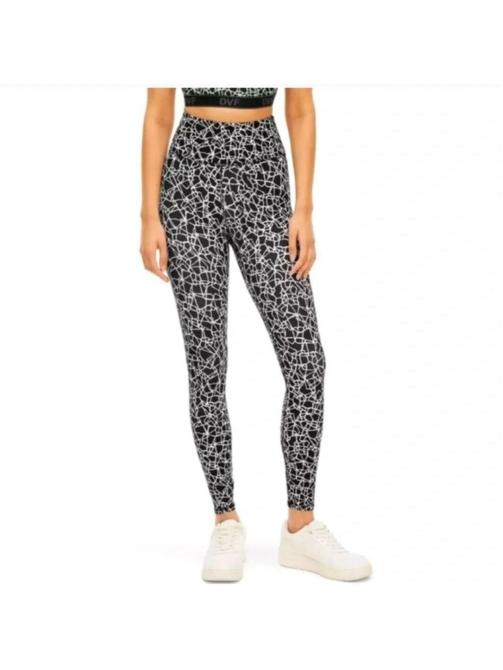 Diane von Furstenberg CRACKLED GLASS Gym Leggings Black White Athletic WOMENS L